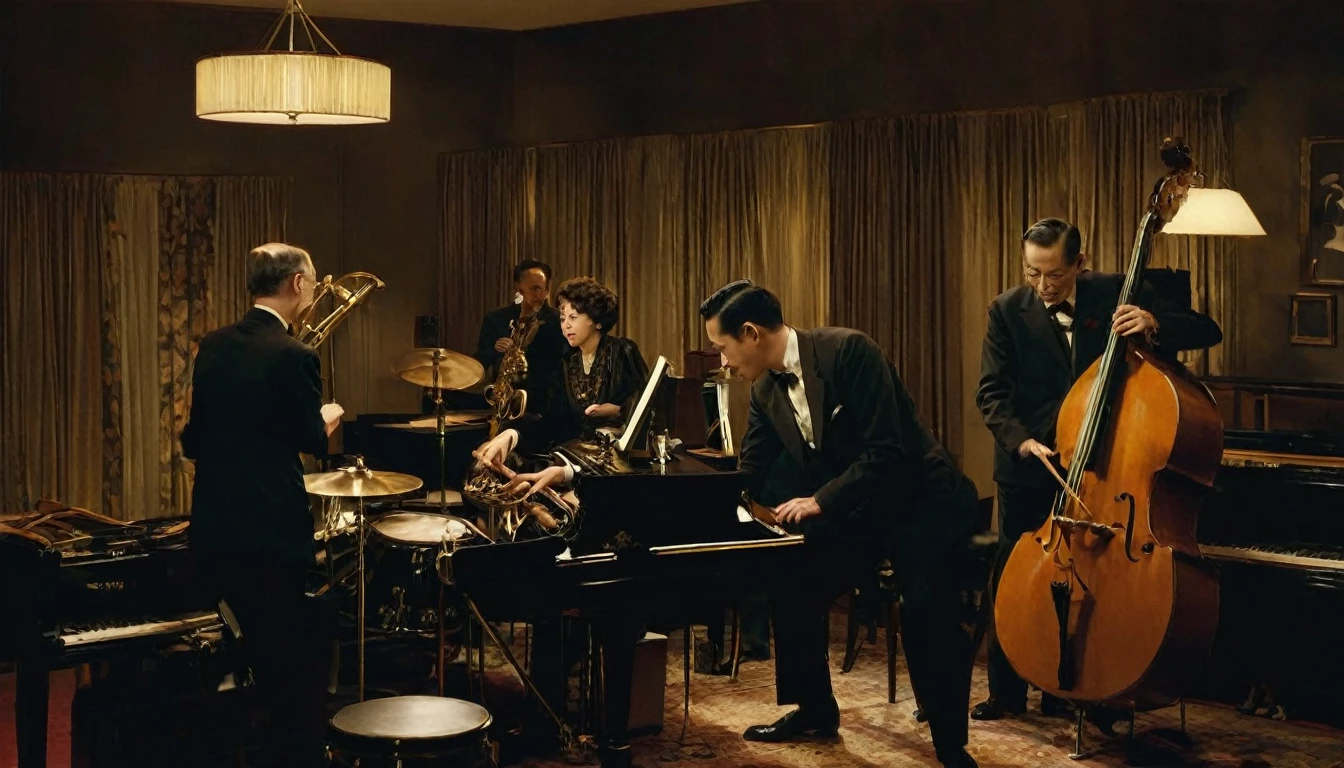woman３A jazz band of three is playing in a dimly lit room、womanは美人で色っぽい、1950s、Design drawing、Each has an instrument、