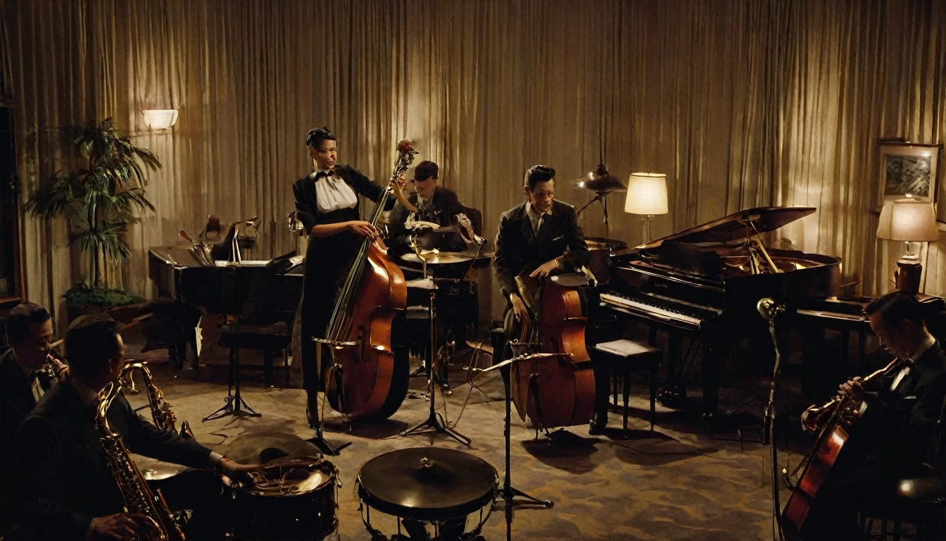 woman３A jazz band of three is playing in a dimly lit room、womanは美人で色っぽい、1950s、Design drawing、Each has an instrument、
