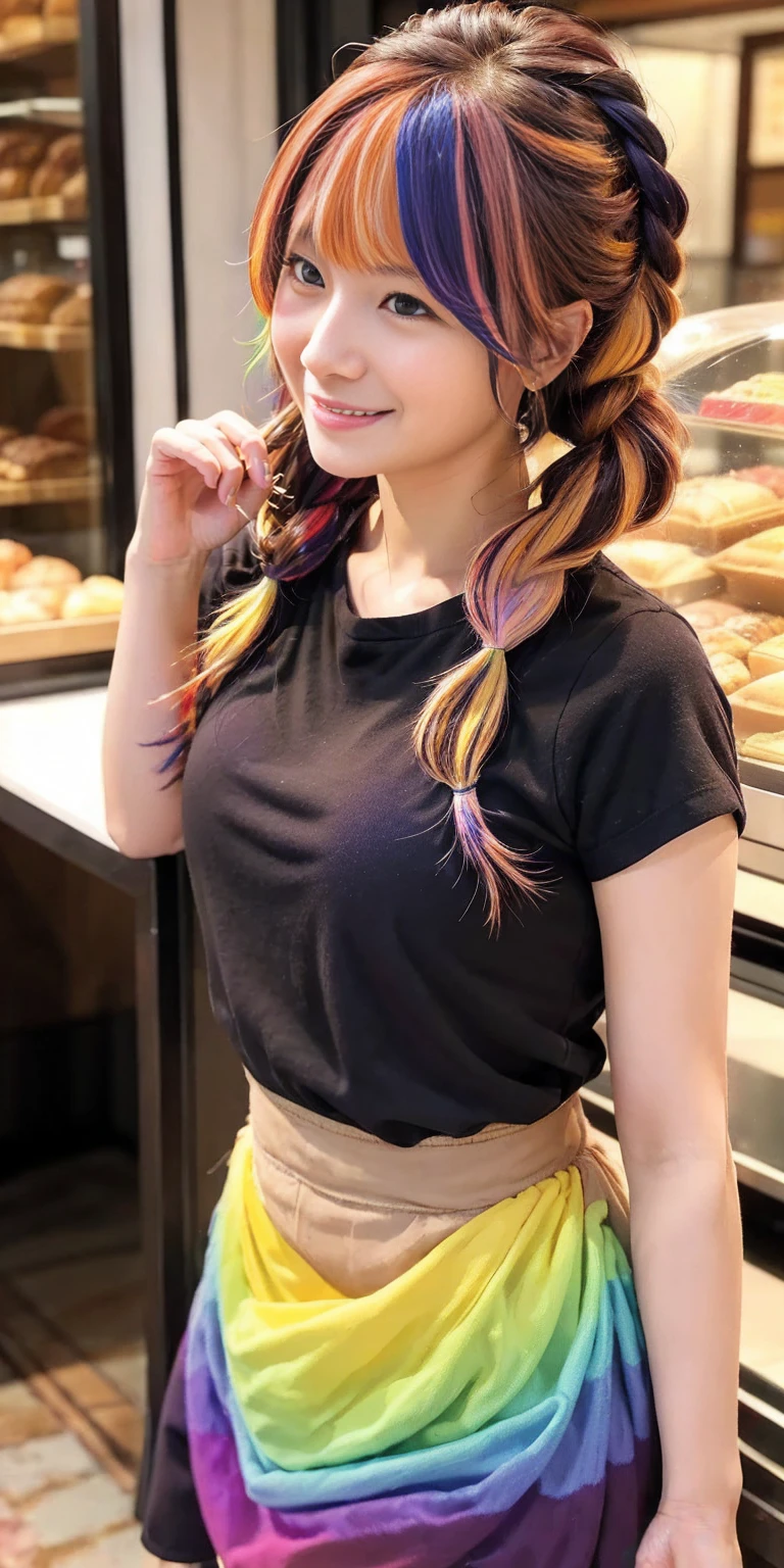 ((holding a large loaf of bread))、
12 year old girl、
Day本アイドル、

Cute Smile、
Lewd smile、　
Panting face、Pant voice、
Fluid organization:1.6), One beautiful girl with really wild hair, (Colorful wavy hair:1.2),( Two long braids:1.2), (Long wild hair:1.2), (Multicolored Hair: 1.9),Cute smile
Bakery Sales Staff、

Angle from directly below、
Low - Angle、スーパーLow - Angle、
apron、
blouse(See-through)、
はだけるblouse、
My shirt is open、
Open shirt、
hot pants、
ピンク色のhot pants、I can see a little underwear、Thighs、Butt、Beautiful buttocks、
I'm cleaning、
I'm wiping the floor.、Wipe the floor with a rag、
Bend over to clean、




clear、serious
Bakery Cafe、bread
Bakery clerk、Day本アイドル、

(masterpiece), (Highest quality:1.4), Absurd, [:Intricate details:0.2],  (View your viewers:1.2), Day,  reflection、
Reddish hair，Golden Student，enjoy，Moist，肉感Thighs，Slim figure，Moist, Glowing pink skin，transparent，Mature Woman，Affectionate expressions，情熱的に取り組んでいます

Day本アイドル