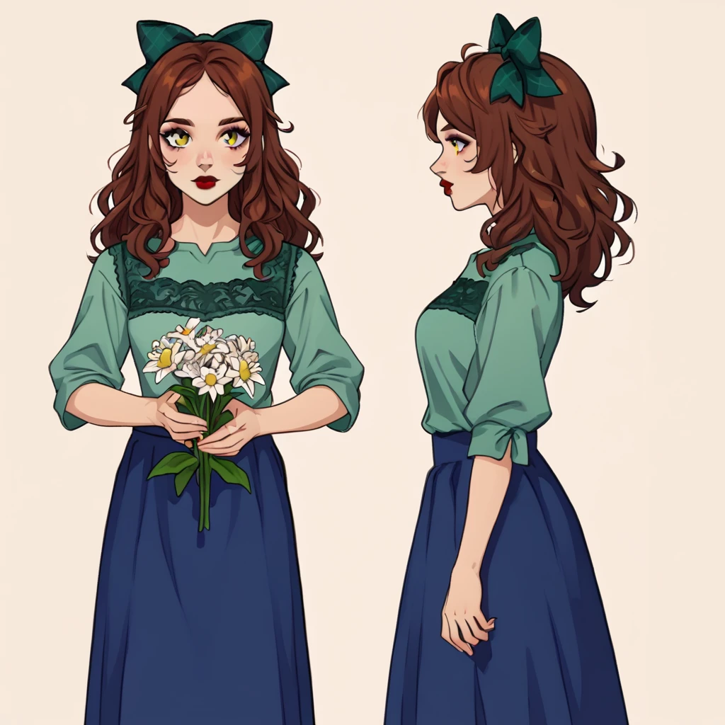 1woman, facing viewer, long messy brown hair, large blue hair bow, gold eyes, long blue skirt, green lace shirt, red lips, holding flowers, multiple views