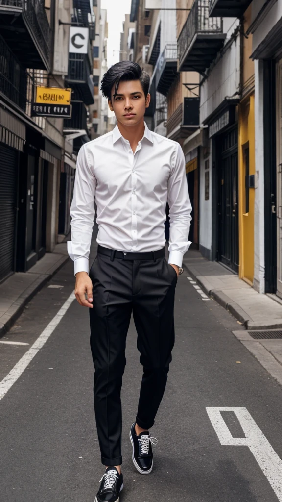 Smart boy and hand gun black pant and white shirt lader shoes hair black background old city car
