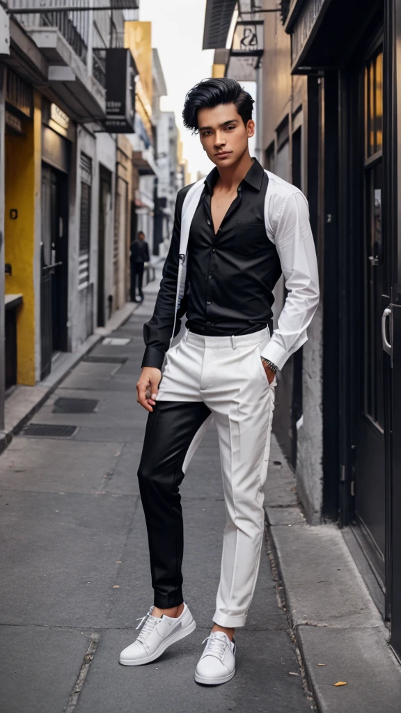Smart boy and hand gun black pant and white shirt lader shoes hair black background old city car