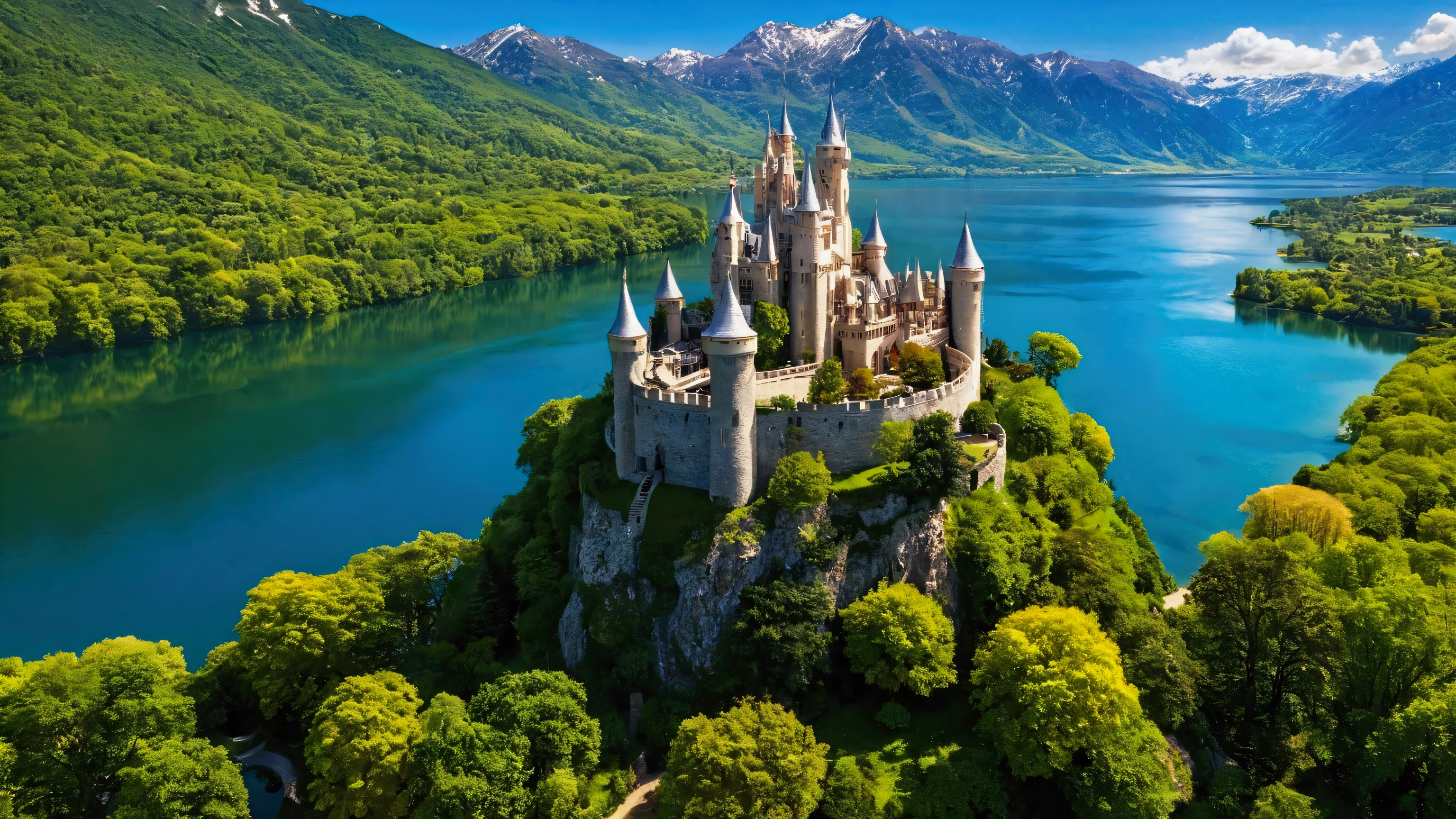 castle, trees that reach the heavens, vibrant colors, The Garden of Eden, beautiful perfection, in perceivable beauty, the first place on earth, lake, mountains, birds eye view, tree of knoledge