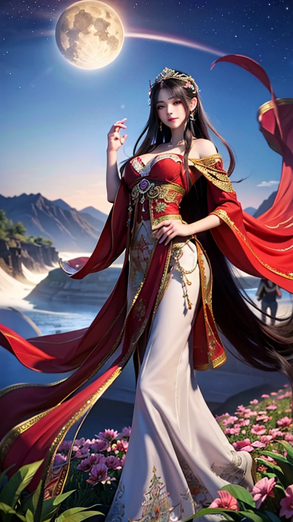 best quality,masterpiece,Ultra-high resolution,(photoactual:1.4),,Sky full of mandalas(background),20 years old ,mandala flower fairy(oriental woman),Dark red shawl long hair,cold eyes,Sexy body,Big breasts,Wearing a mandala strapless dress,Take a walk among mandalas