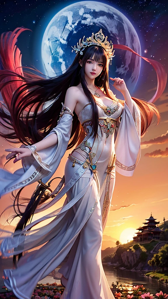 best quality,masterpiece,Ultra-high resolution,(photoactual:1.4),,Sky full of mandalas(background),20 years old ,mandala flower fairy(oriental woman),Dark red shawl long hair,cold eyes,Sexy body,Big breasts,Wearing a mandala strapless dress,Take a walk among mandalas