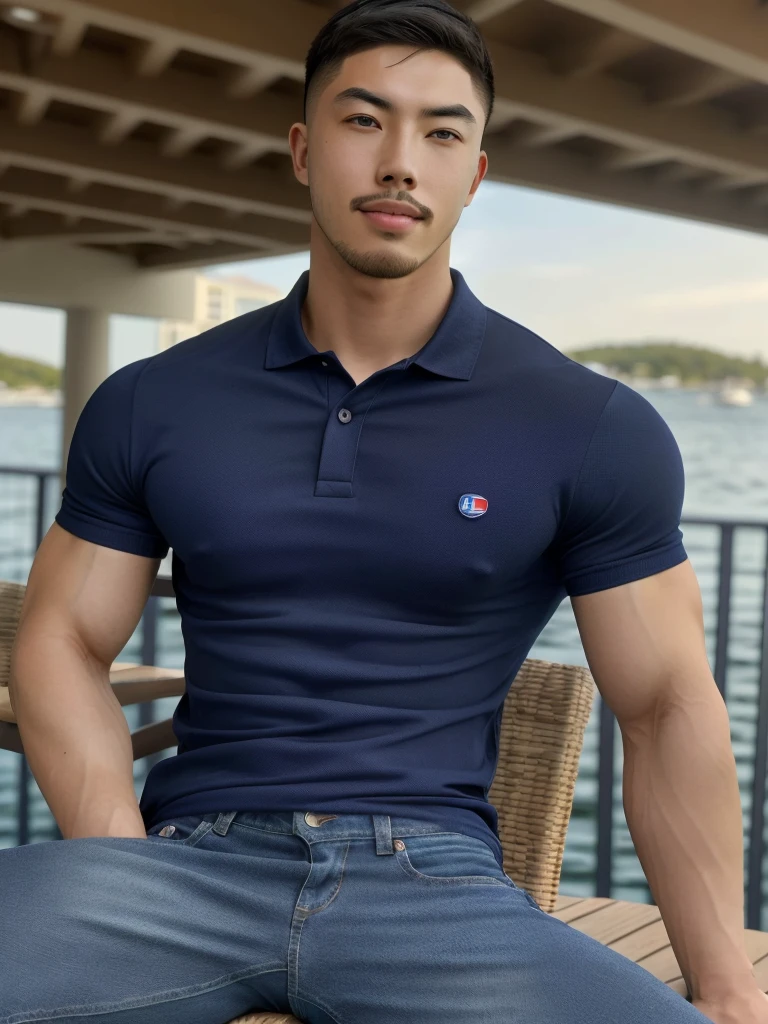 Tony Labrusca Gene , ((realistic daylight)) , Young Korean man in a navy blue polo shirt and jeans, A handsome, muscular young Asian man looks at the camera. In a simple t-shirt blue and red , Waterfront,((look sideways))