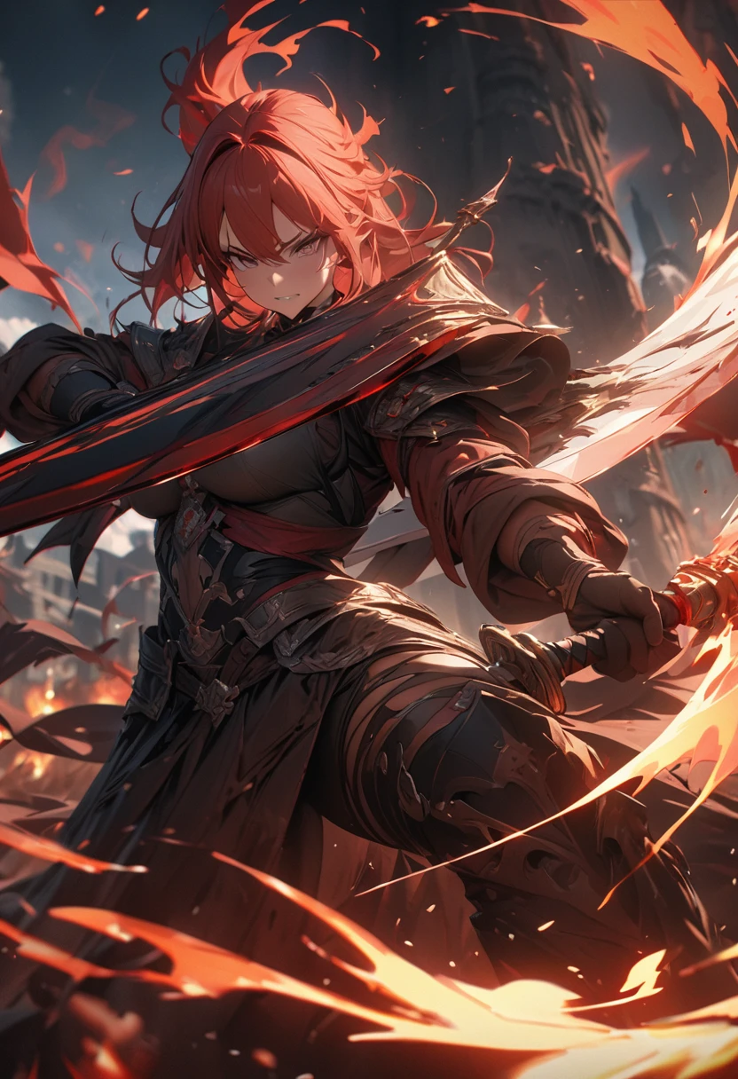 masterpiece, 8k, best quality, highly detailed, a warrior wielding a large 2 handed curved sword covered in flaming blood