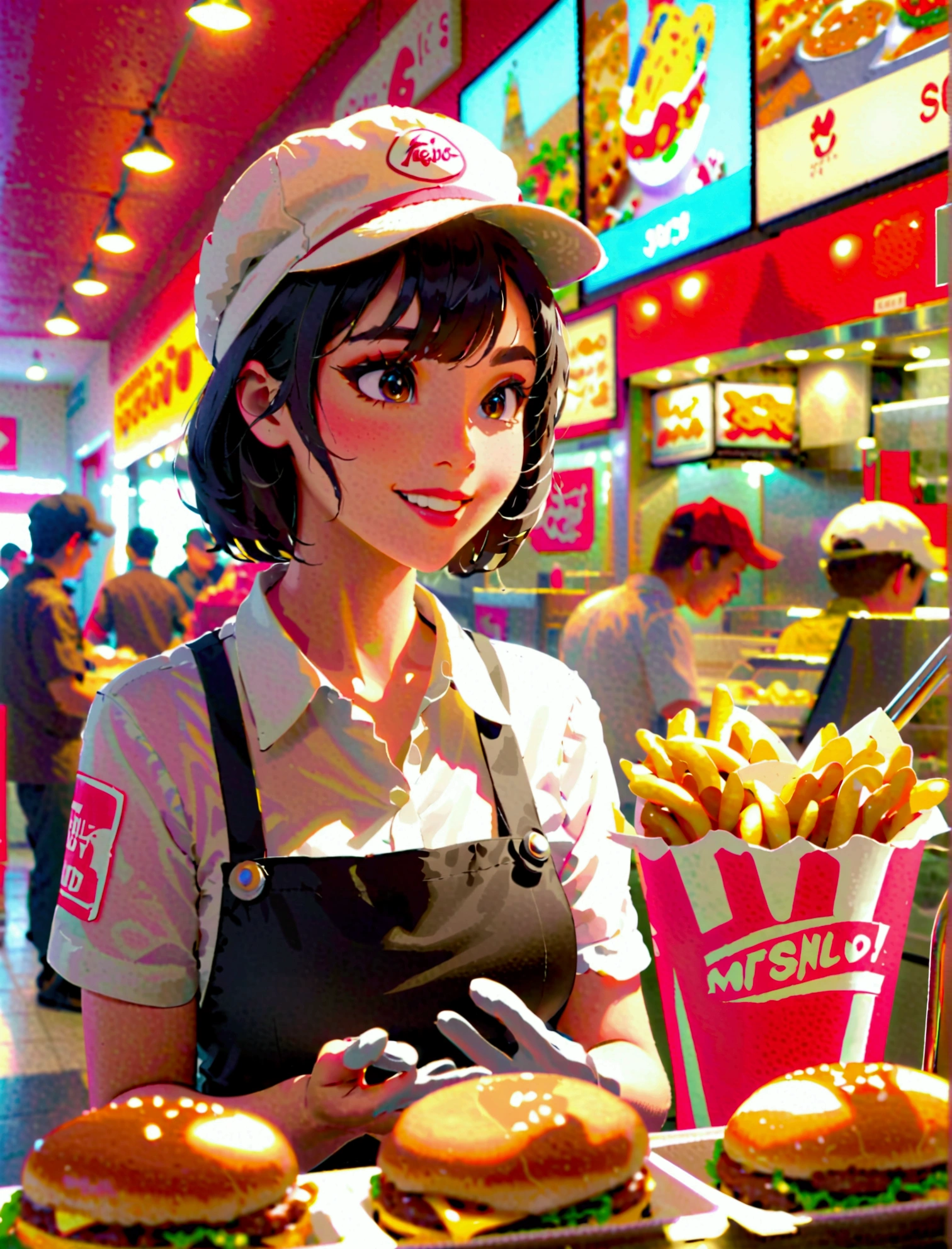 Aphotorealistic, ultra-detailed representation of a dedicated fast food worker serving customers behind the counter in an upper body shot. The individual, showcasing a genuine smile, is skillfully multitasking, handling various orders with precision and attention to detail. Their uniform, emblazoned with the familiar logos of the fast food chain, is worn neatly, and their hands move with dexterity as they assemble meals. The background is a blur of movement, customers lining up to place their orders. The scene is brightly lit, highlighting the worker's focused expression and the intricate mechanisms of the fast food assembly line. The image is shot in 8K UHD, gigantic breasts, giga_busty