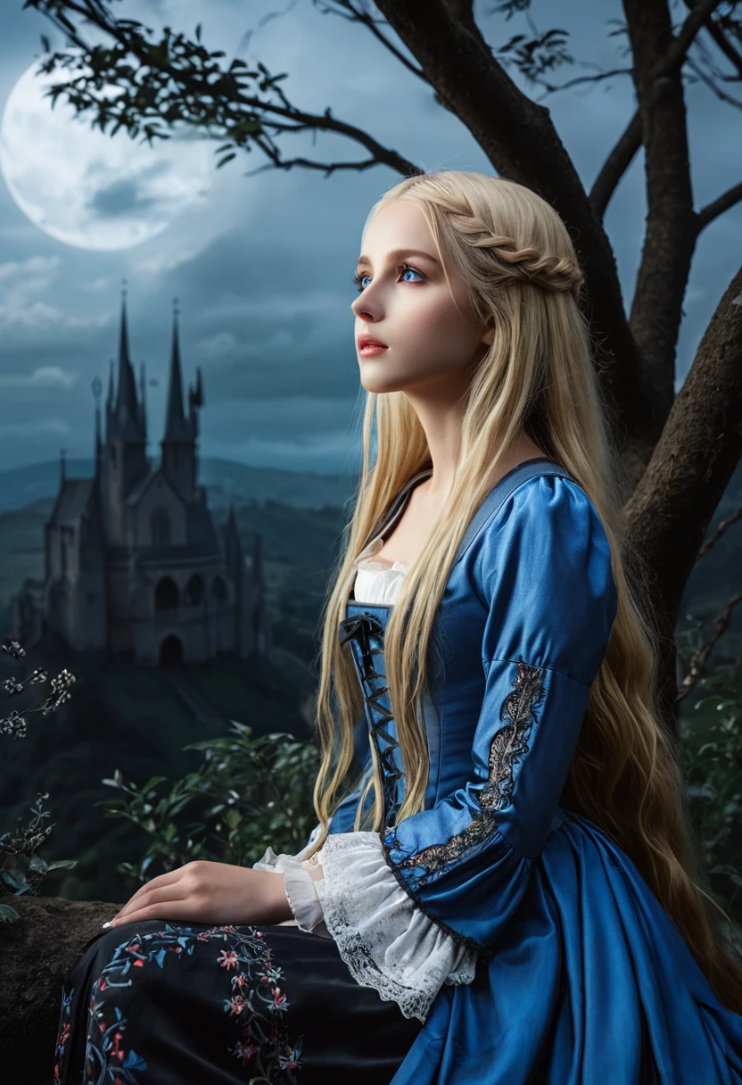 (Highly detailed CG Unity 8k wallpaper,masterpiece, Highest quality, Super detailed),(Best lighting, Best Shadow, Very delicate and beautiful),floating,High saturation,Blonde+blue eyes:1.2,Gloomy Gothic Landscape, Long Hair, Gazing into the distance. (長いブロンドの髪と輝くblue eyesのゴシック照明を持つ美しい女の子)