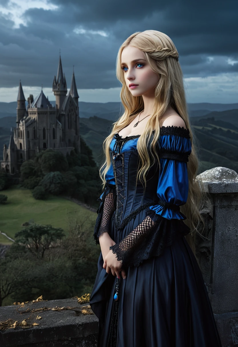 (Highly detailed CG Unity 8k wallpaper,masterpiece, Highest quality, Super detailed),(Best lighting, Best Shadow, Very delicate and beautiful),floating,High saturation,Blonde+blue eyes:1.2,Gloomy Gothic Landscape, Long Hair, Gazing into the distance. (長いブロンドの髪と輝くblue eyesのゴシック照明を持つ美しい女の子)