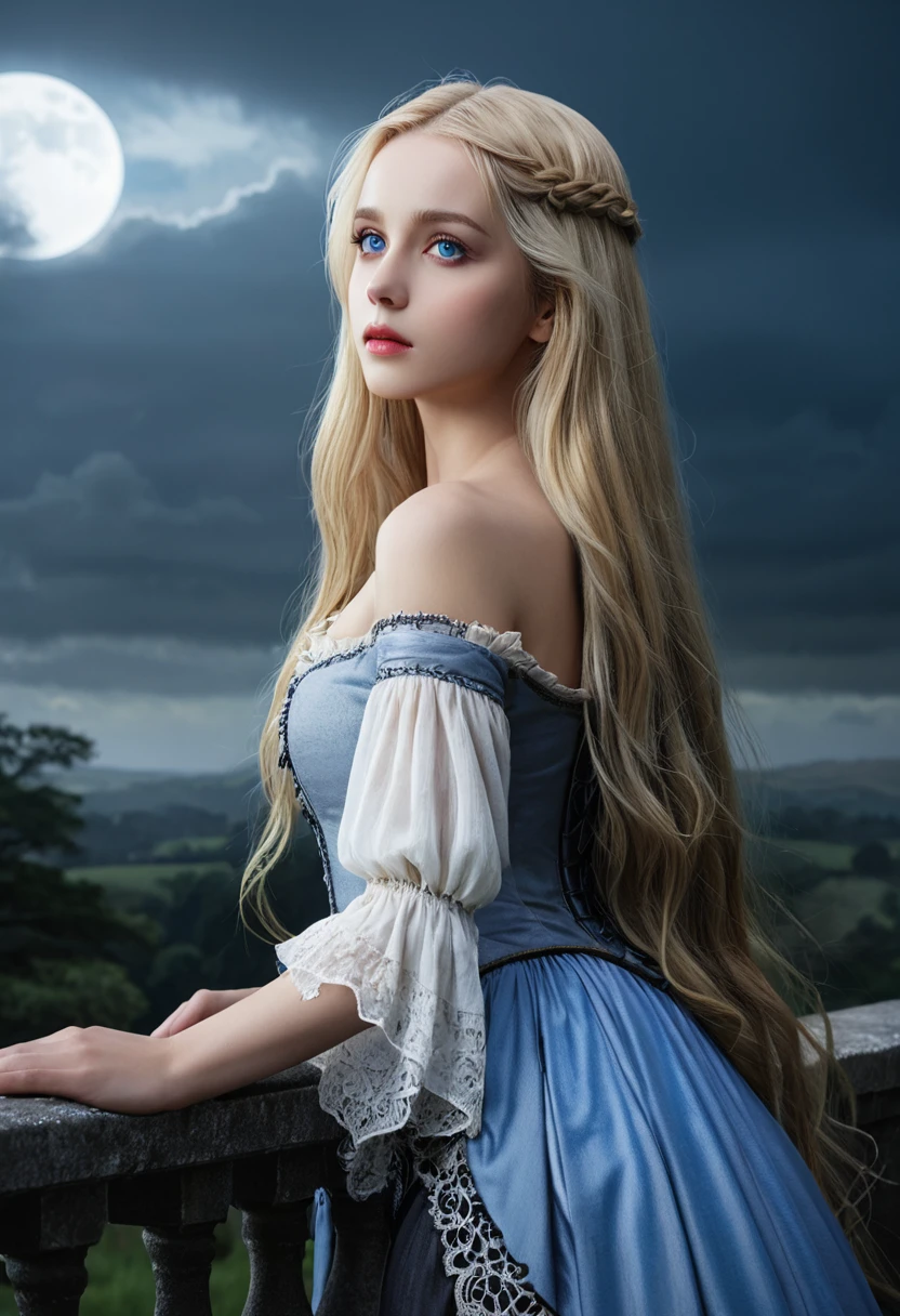 (Highly detailed CG Unity 8k wallpaper,masterpiece, Highest quality, Super detailed),(Best lighting, Best Shadow, Very delicate and beautiful),floating,High saturation,Blonde+blue eyes:1.2,Gloomy Gothic Landscape, Long Hair, Gazing into the distance. (長いブロンドの髪と輝くblue eyesのゴシック照明を持つ美しい女の子)