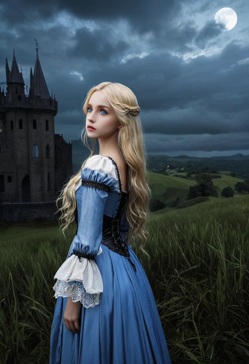 (Highly detailed CG Unity 8k wallpaper,masterpiece, Highest quality, Super detailed),(Best lighting, Best Shadow, Very delicate and beautiful),floating,High saturation,Blonde+blue eyes:1.2,Gloomy Gothic Landscape, Long Hair, Gazing into the distance. (長いブロンドの髪と輝くblue eyesのゴシック照明を持つ美しい女の子)