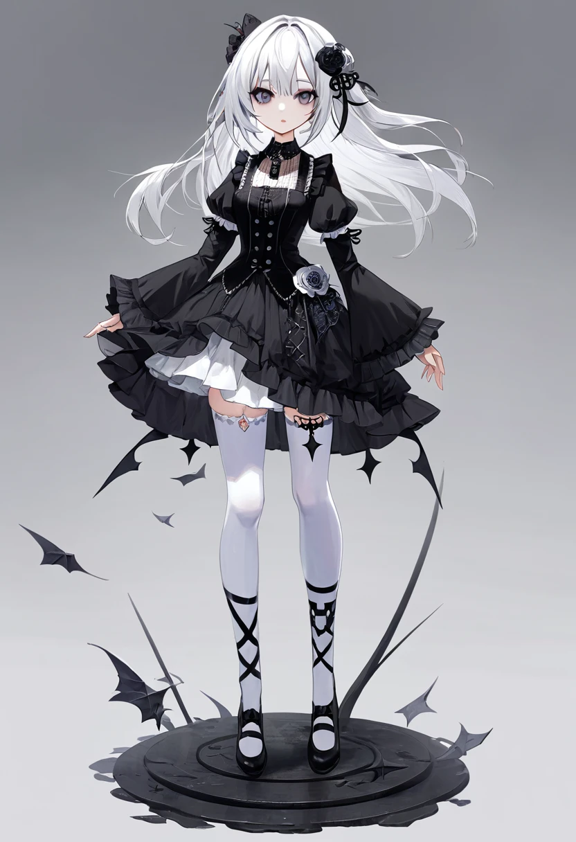 masterpiece, top-quality, ​masterpiece, top-quality,ighly detailed,{top-quality}, {{​masterpiece}}, {hight resolution},original, {extremely delicate and beautiful},​masterpiece, top-quality,ighly detailed,{top-quality},white hair, gothic lolita, full body, standing, white thighhighs,