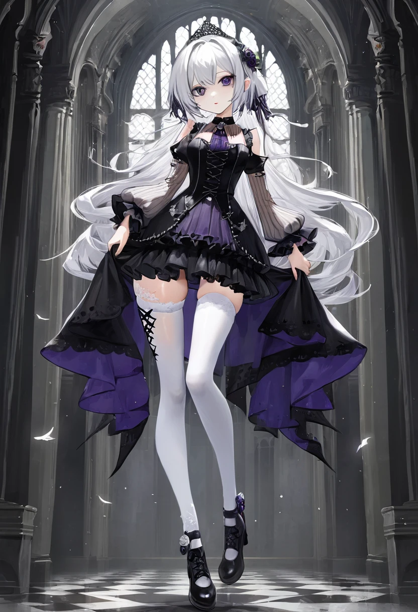 masterpiece, top-quality, ​masterpiece, top-quality,ighly detailed,{top-quality}, {{​masterpiece}}, {hight resolution},original, {extremely delicate and beautiful},​masterpiece, top-quality,ighly detailed,{top-quality},white hair, gothic lolita, full body, standing, white thighhighs,