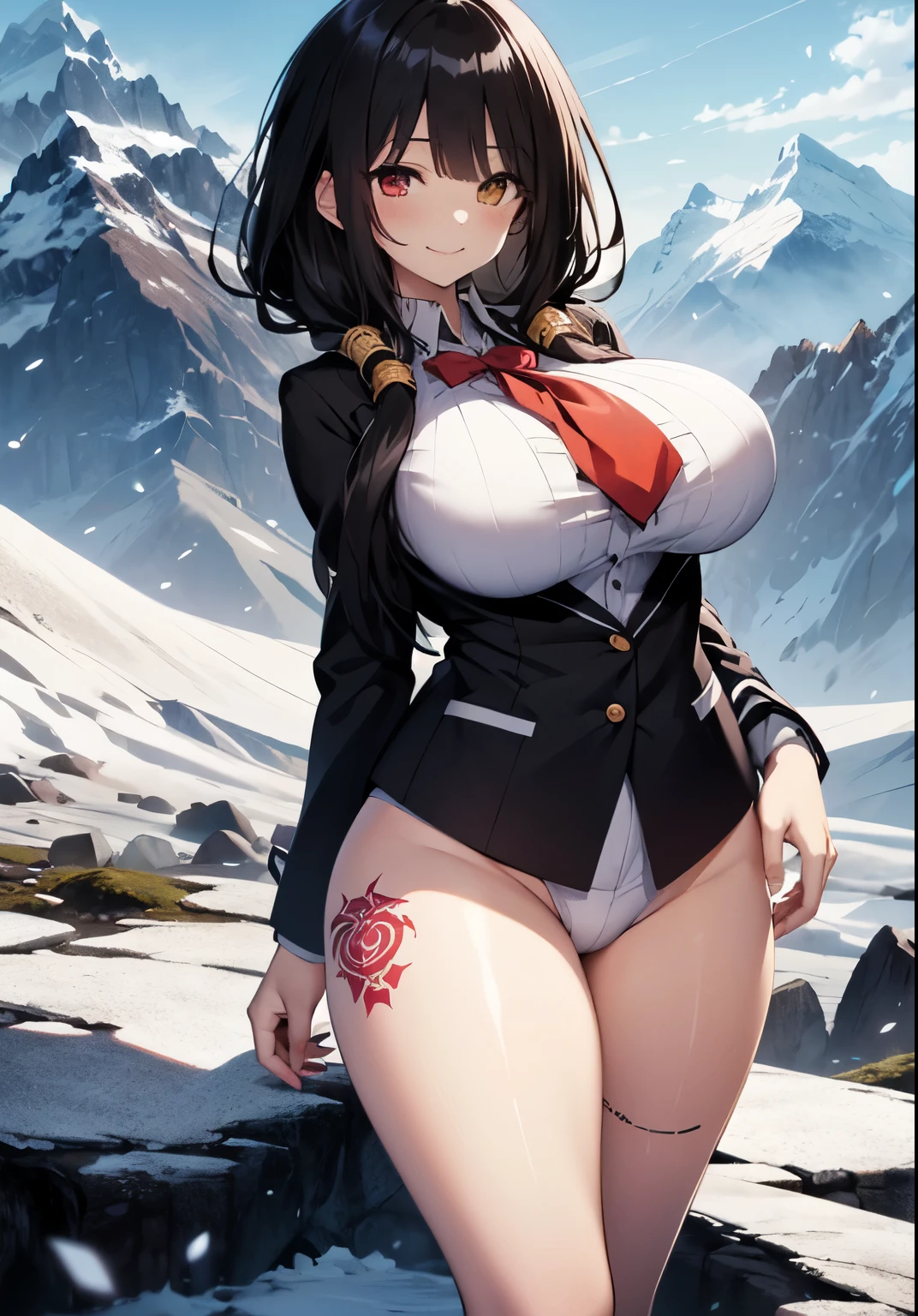 Masterpiece, high quality, ultra quality, best lighting, 1girl, ((tokisaki kurumi)), long hair, black hair, low twintails, monochrome, ((right red eye:1, left yellow eye:1)), black , ((black school uniform)), ((big breast)), ((big thigh)), smile, blush, cute face, ((gesugao face)), standing, sexy body, sexy, tattooed full body, tattooed face, (((tattooed))),looking at viewer, large the breast, nsfw, (((mountain)))