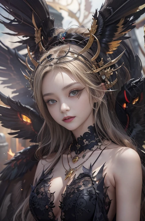 (masterpiece:1.3), (8K, Realistic, RAW Photos, Best image quality: 1.4), (Highest quality、masterpiece、Ultra-high resolution、(Realistic:1.8))、(((whole body)))、(((Fair-skinned Goddess、Goddess Athens、Super-level demon、The Goddess Fallen to the Devil、Golden Hair、Golden Eyes)))、(((Huge jet black devil wings on the latissimus dorsi、Black plumage、The black feathers that everyone fears)))、Cleavage:2.0、Highly detailed face、Attention to detail、double eyelid、Well-formed face、Sharp focus:1.2、Beautiful woman:1.8、 Highly detailed and professionally lit smiles, ((Gothic Costume、black goth fashion、Gorgeous Dress))、Dark Street 、 Short-haired、(((Gorgeous Necklace))) , One person、（both hands, Perfect Fingers、Beautiful fingers）