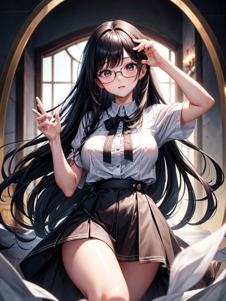 high resolution、high quality、masterpiece、detailed、1 female、Black Hair、Long Hair、Straight Hair、Big Breasts、Glasses、White blouse、Black Skirt、Grab the hem of your skirt with both hands and lift it up to show what&#39;s inside、Panty shot、White panties、A look of embarrassment、Back of the building、Angle looking up from below、