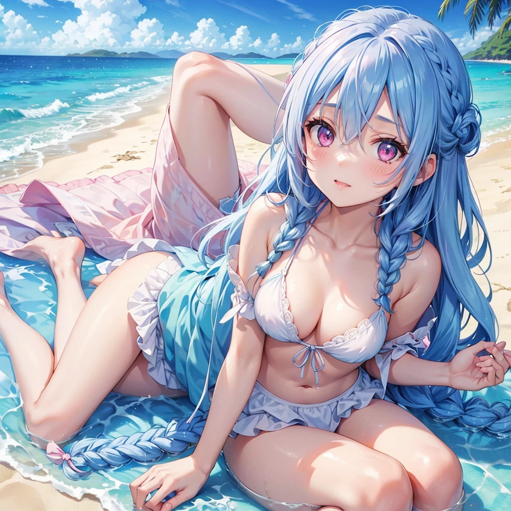 (Sky blue medium hair),(Braided hair tied together)、Pink eyes、Fair skin、(whole body)、(One Girl)、bikini、Shining white sand beach in midsummer、Okinawa's ocean、A happy smile、、(masterpiece、Highest quality、Very detailed、Best Shadow)、(Detailed Background)、(Beautifully detailed face)、High contrast、(Best lighting、Very delicate and beautiful)、((Cinematic Light))、colorful、Hyper Detail、Dramatic Light、Exquisite detail、Standing with your legs apart