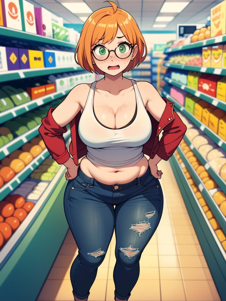 ((highres)), Masterpiece, high quality, best quality, beautiful, perfect lighting, detailed face, ultra cute face, cowboy shot, ((1girl)), ((solo)), looking at viewer, skindentation, ((blushing)), shocked, embarrassed, short orange hair, green eyes, glasses, freckles, jeans, tank top, jacket, tight clothes, full body, grocery store, standing in a grocery store, hand on hip, medium breasts, perky breasts, cleavage, ((wide hips)), ((thick thighs)), chubby,