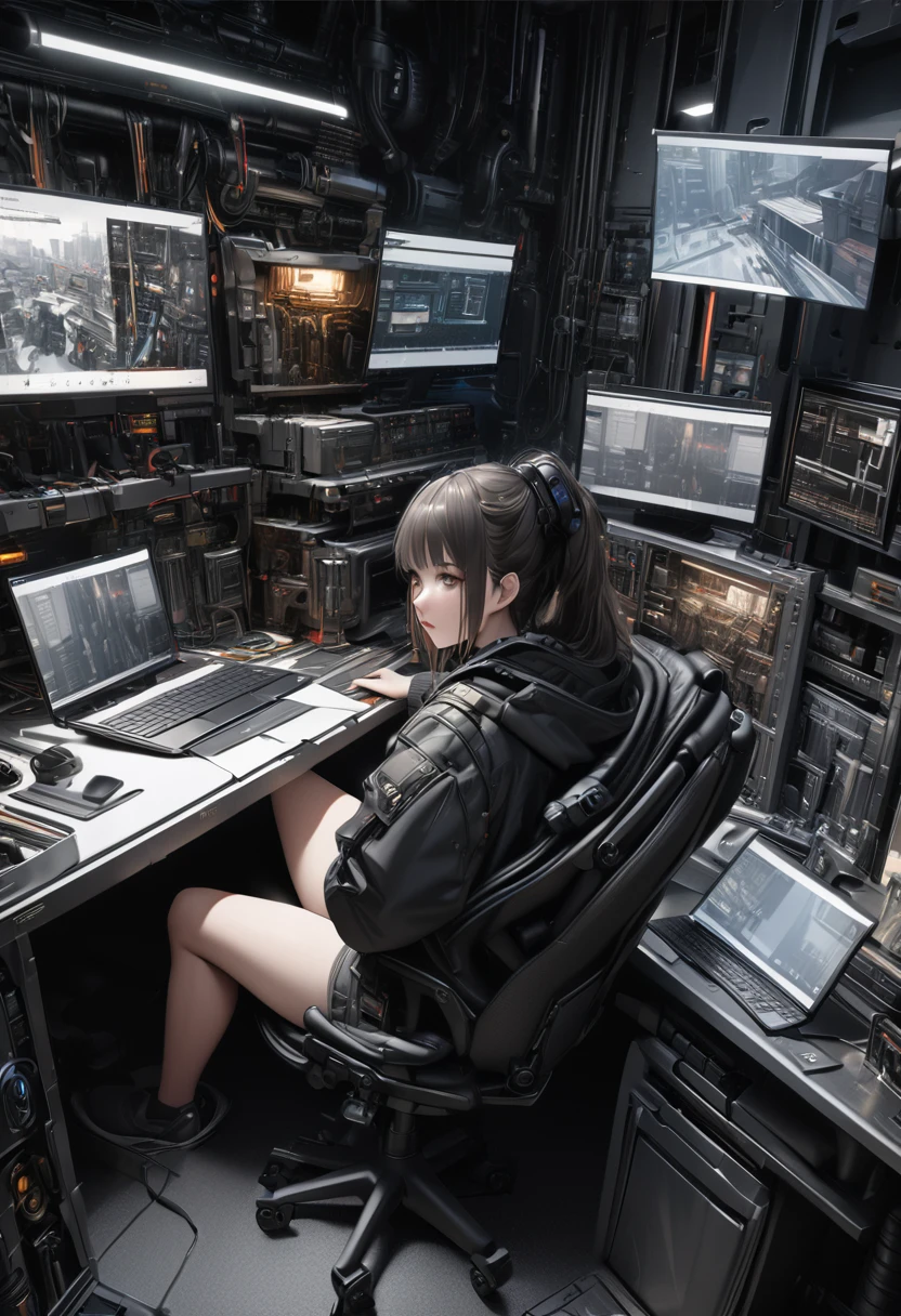 (best quality, masterpiece, ultra detailed, ultra high res, photorealistic, raw photo, absolutely resolution), Cyberpunk, 20 year old woman, sitting on a chair and working on a computer, mechanical room