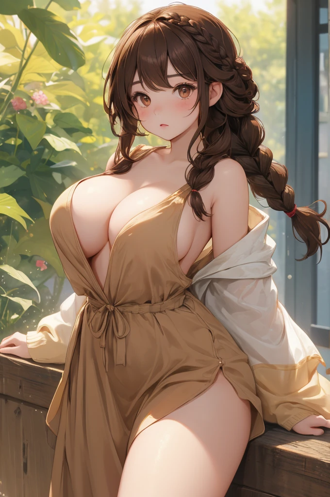 ( 1curvy girl, long hair, braid: 1.3, dark brown hair, simple color hair band, brown eyes, , brown eyes), medium breasts:1.1, sagging breasts:1.3, spread breasts:1.2, pretty breasts:1.2, short in height1.1, thick thigh, completely bare:1.3, bare breasts:1.2, breasts focus:1.3, papilla of breast,