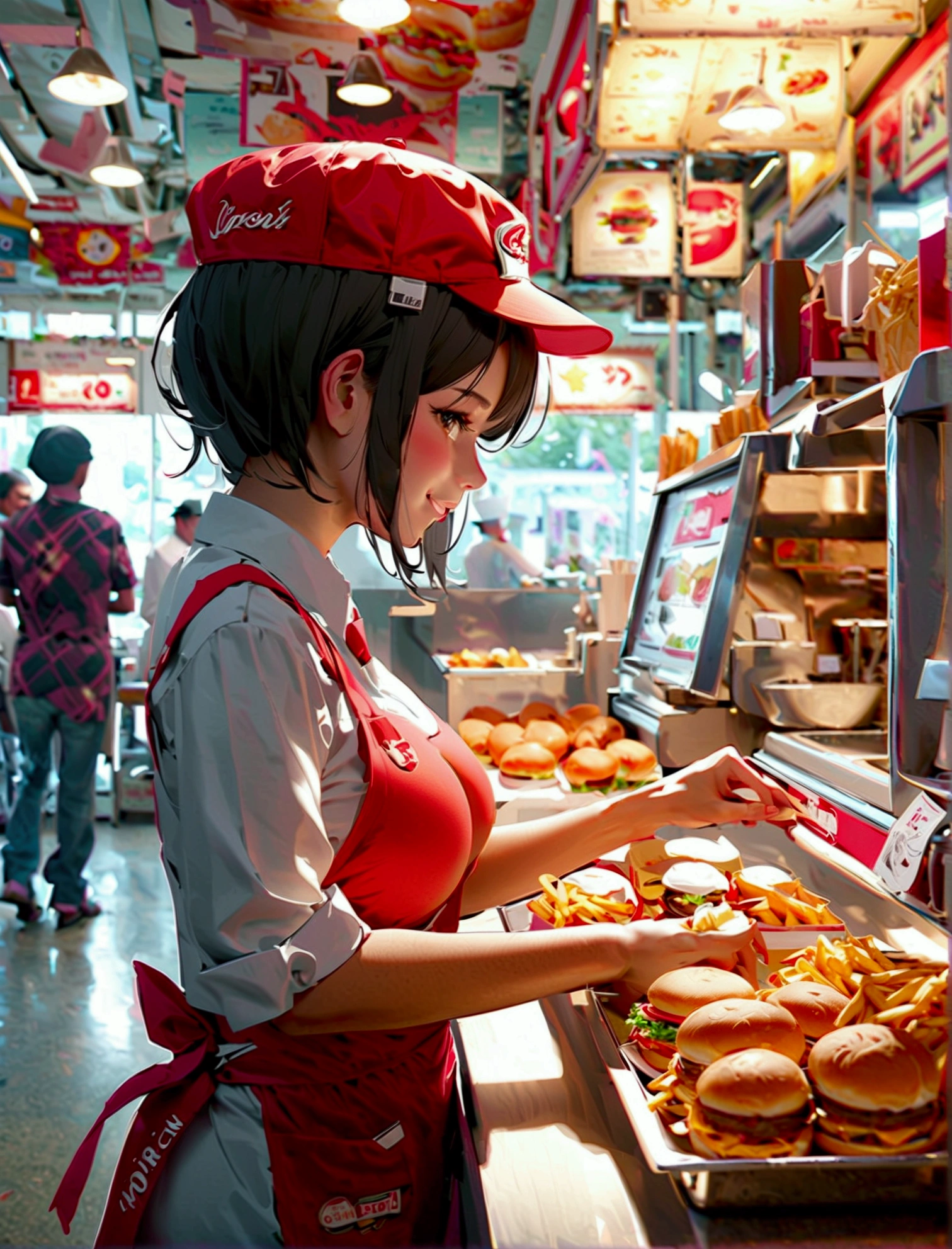 Aphotorealistic, ultra-detailed representation of a dedicated fast food worker serving customers behind the counter in an upper body shot. The individual, showcasing a genuine smile, is skillfully multitasking, handling various orders with precision and attention to detail. Their uniform, emblazoned with the familiar logos of the fast food chain, is worn neatly, and their hands move with dexterity as they assemble meals. The background is a blur of movement, customers lining up to place their orders. The scene is brightly lit, highlighting the worker's focused expression and the intricate mechanisms of the fast food assembly line. The image is shot in 8K UHD, gigantic breasts, giga_busty