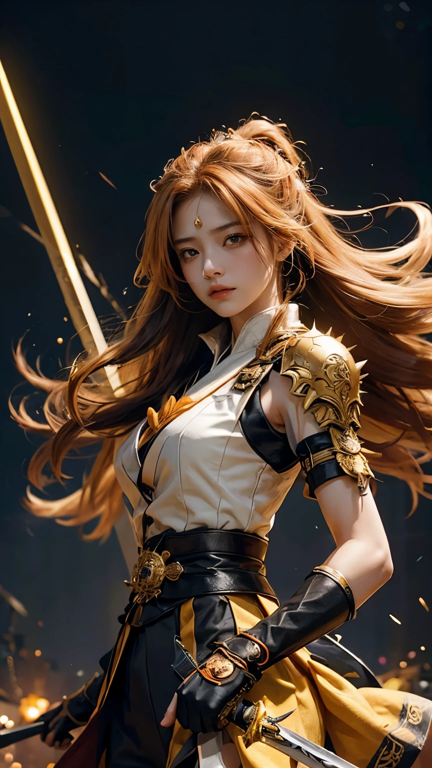 Create an image of an intense anime character girl long hair, with spiky, golden-yellow hair, a sword with a decorated hilt on the back. The character appears to be in a dramatic moment, with tears streaming down her face and a determined expression. She is wearing a traditional Japanese-style outfit with a distinctive orange and black pattern. The background is dark and dynamic, with sparks, yellow lighting, thunder and energy surrounding the character, enhancing the intense atmosphere.