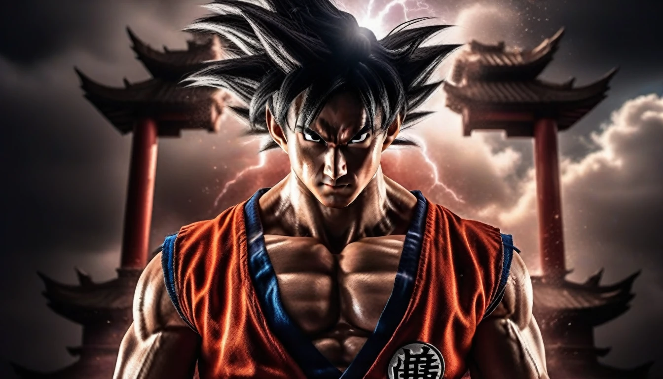 Goku1024 ,  a muscular man dressed in red, platinum blond hair, casting a powerfull spell, dramatic ball lightning between hands, dragon background, ancient chinese temple, highly detailed, photography, ultra sharp, film, bokeh, professional, k  