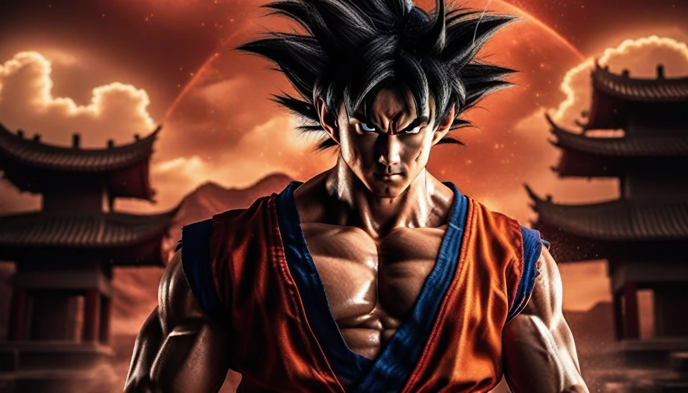 Goku1024 ,  a muscular man dressed in red, platinum blond hair, casting a powerfull spell, dramatic ball lightning between hands, dragon background, ancient chinese temple, highly detailed, photography, ultra sharp, film, bokeh, professional, k  