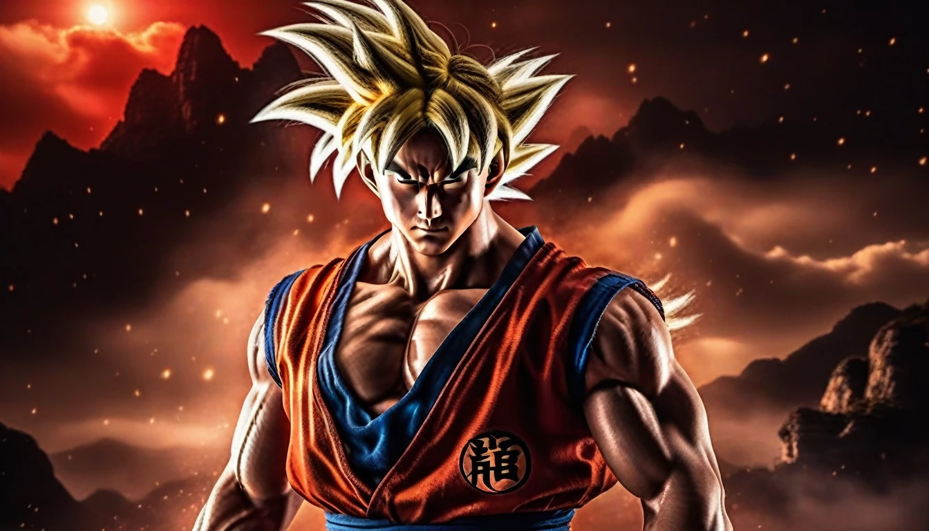 Goku1024 ,  a muscular man dressed in red, platinum blond hair, casting a powerfull spell, dramatic ball lightning between hands, dragon background, ancient chinese temple, highly detailed, photography, ultra sharp, film, bokeh, professional, k  