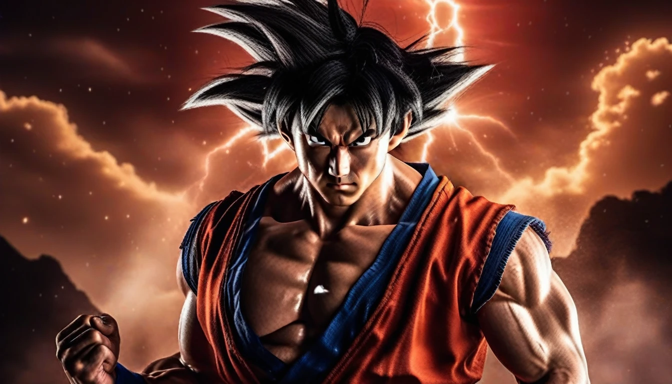 Goku1024 ,  a muscular man dressed in red, platinum blond hair, casting a powerfull spell, dramatic ball lightning between hands, dragon background, ancient chinese temple, highly detailed, photography, ultra sharp, film, bokeh, professional, k  