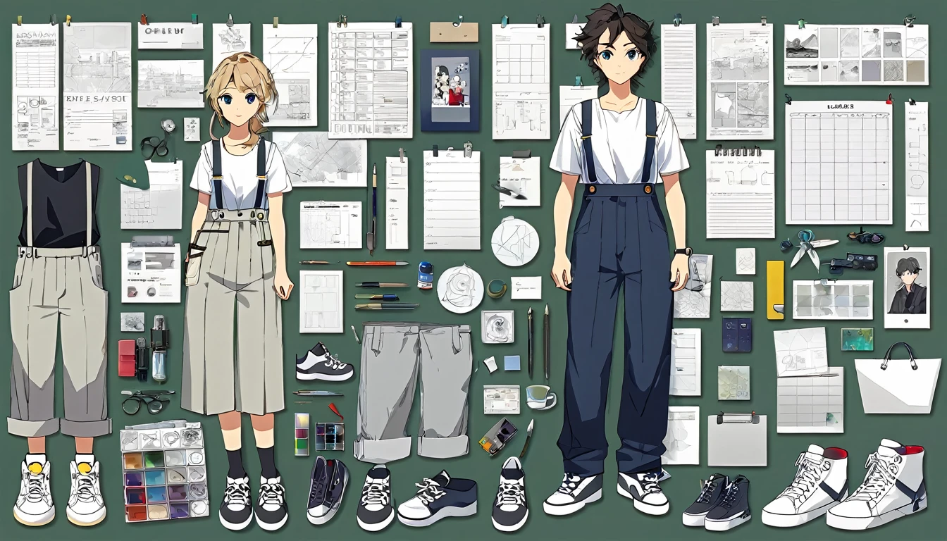 (work of art, best qualityer), detailded, character sheet, many items (the same person, chemise, pants, lowered suspenders, , White sneakers, Many parts), 