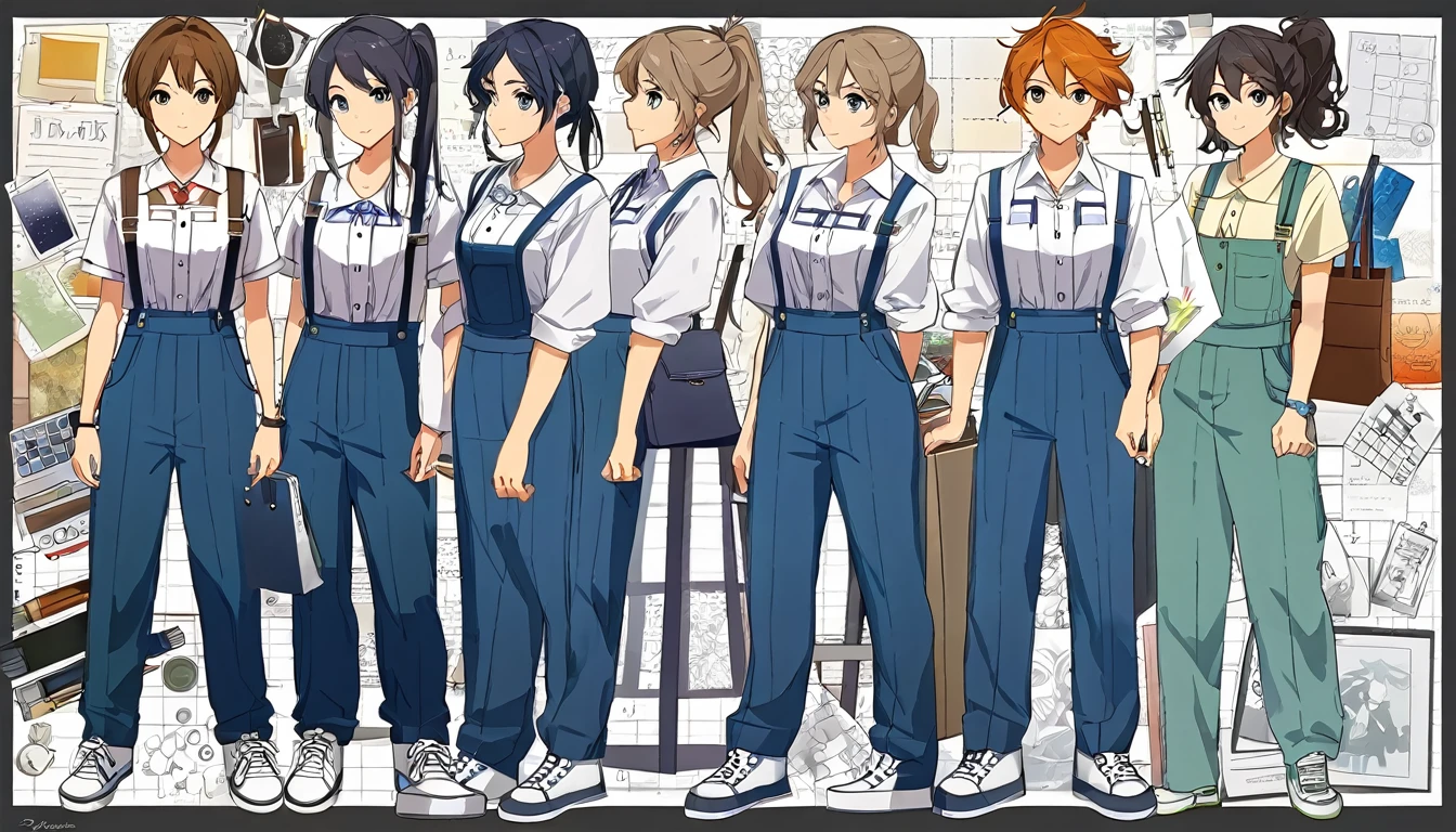 (work of art, best qualityer), detailded, character sheet, many items (the same person, chemise, pants, lowered suspenders, , White sneakers, Many parts),
