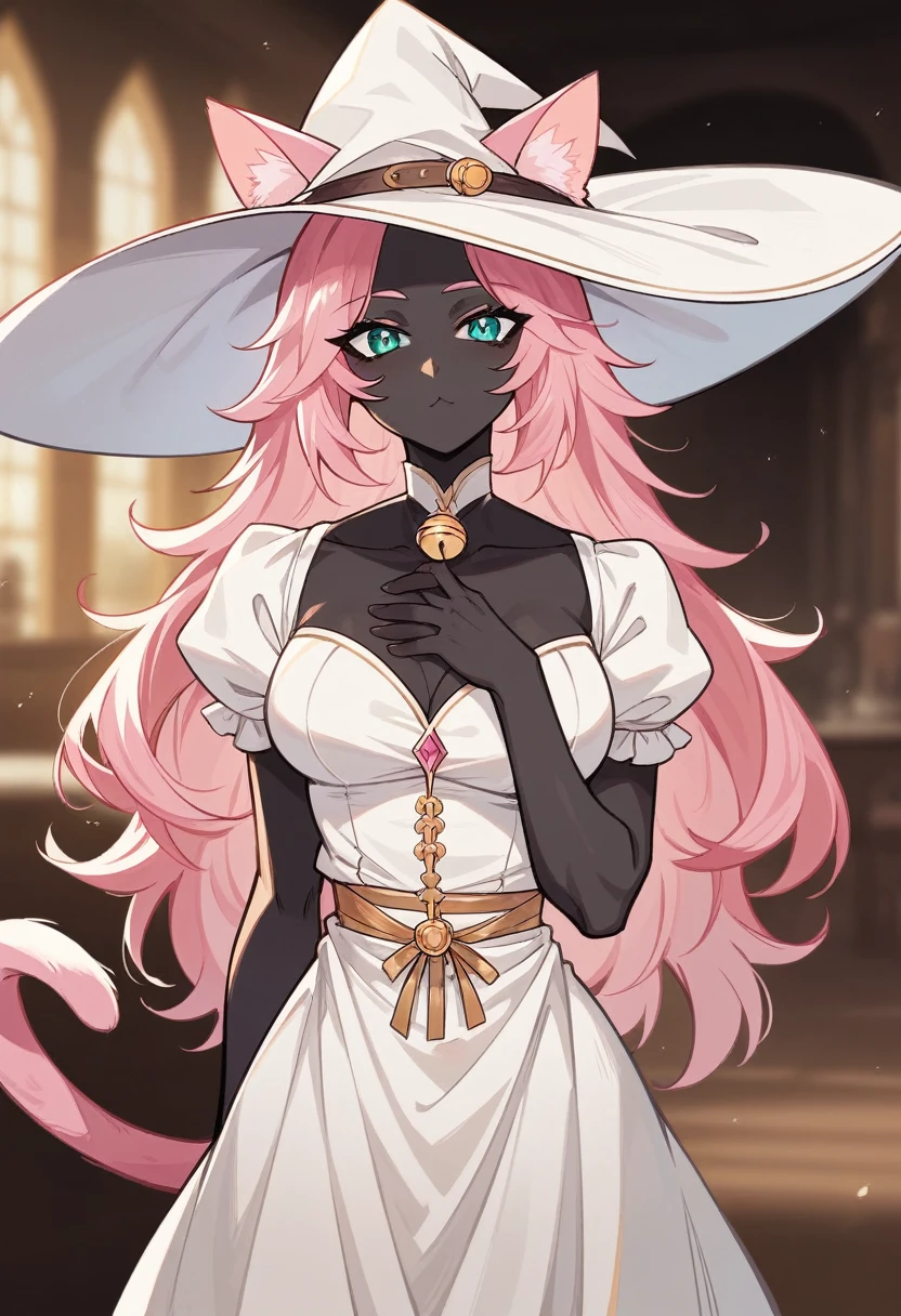 ​masterpiece,Top image quality,hight resolution,imagem 4k,Raw photo, {{{official art}}}, {{solo}}, {Adult}hair strand}, {{medium breasts}}, {Solo}, mages dress, noble, witch hat, cat ears, cat tail, blurry background, indoors , cat ear, dark skin, black skin , pink cat ears,, Pink hair, teal eyes, long hair, looking at viewer, black skin