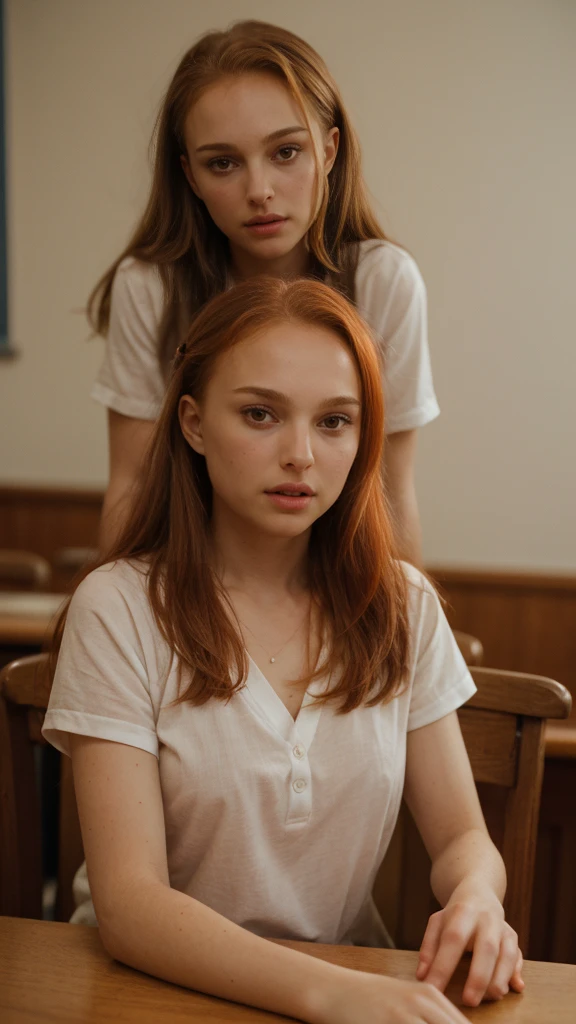 sitting at a table with red hair, Sexy photo of a very young sexy woman, , with disheveled copper-red hair , a bit like Scarlett Johansson, juicy figure, big breasts, wonderful big eyes and full lips, at school , In the classroom context, Attire, She is angry, Angry, sits at the table