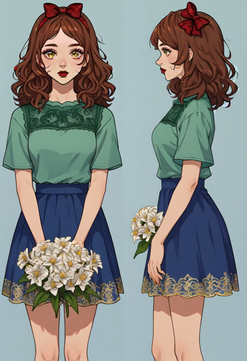 1woman, facing viewer, long messy brown hair, large blue hair bow, gold eyes, long blue skirt, green lace shirt, red lips, holding flowers, multiple views