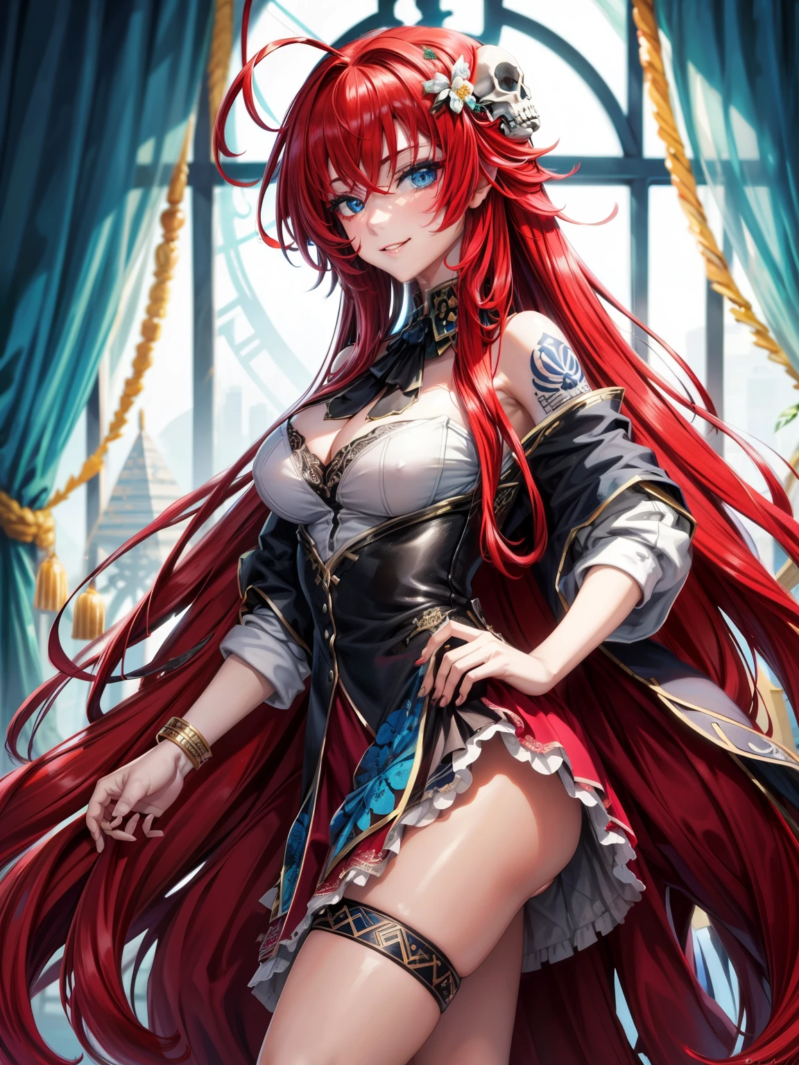 (8k uhd、masterpiece、最high quality、high quality、Super detailed)、girl、Long Hair、Crimson Hair、blue eyes、White skin、Black makeup、(Flower and skull tattoo on arm)、Spectators Gazing、Wicked Smile、Egyptian clothing