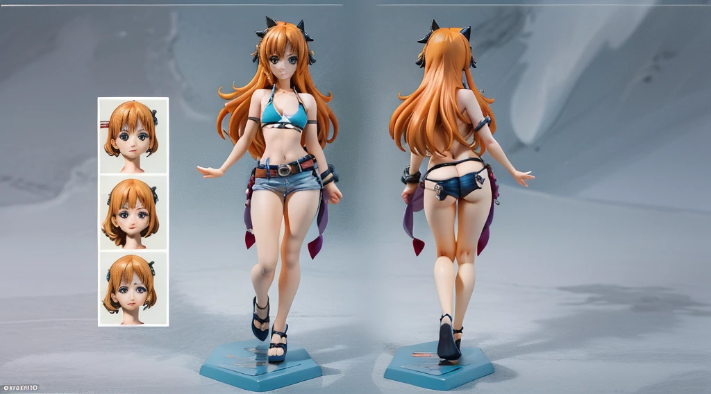 ((Best Quality)), ((Masterpiece)), (((detailed character sheet, frontal view, side view, three quarter view))) white background、one piece、whole body、whole bodyイラスト、whole bodyアニメーション、whole bodyリファレンスシート、denim、Tank top、High heels、Swimwear、bikini、original、New World、Long Hair、Orange Hair、Tattoo on left arm、Ring belt、Heighten your head、smile、Cute face、Narrow waist、Long legs、Beautiful feet、9 heads body、beautiful lady、small head、3D、portrait、mug shot