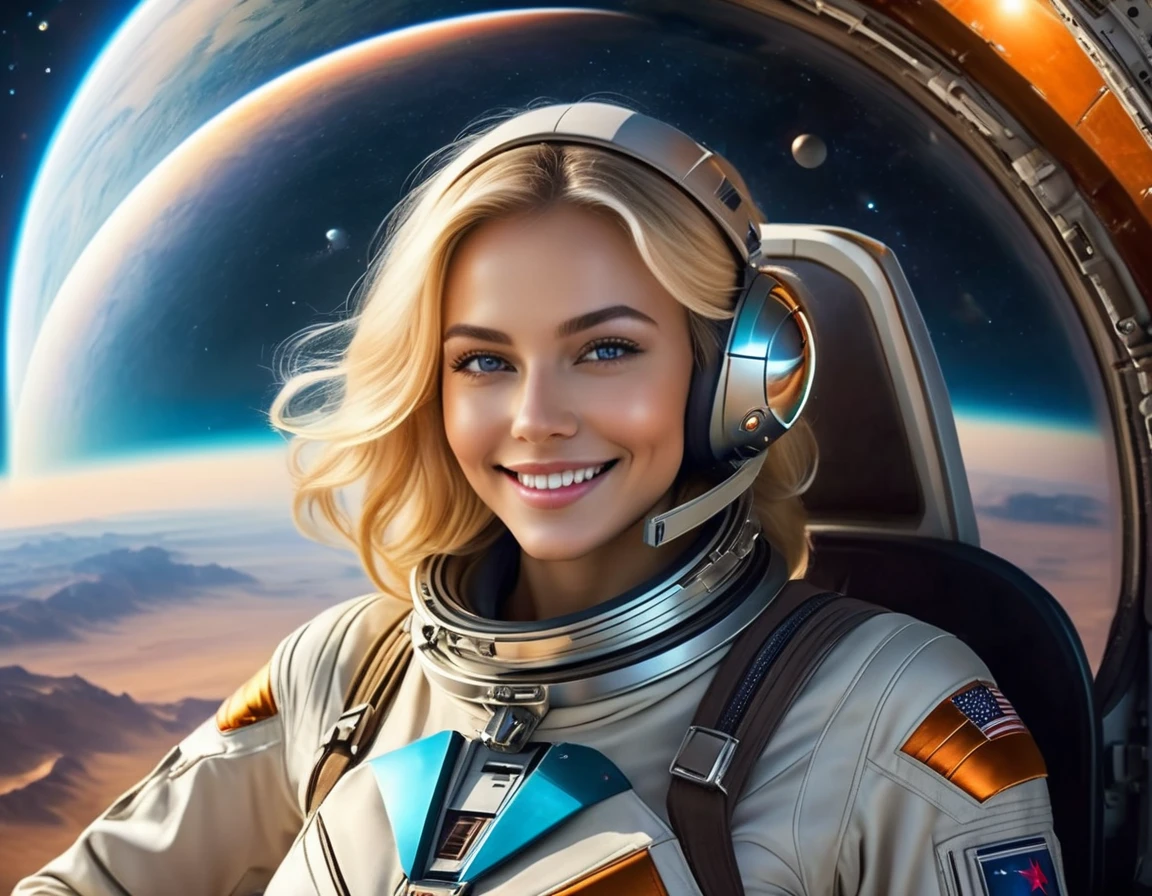 ((realistic, masterpiece, photography, 8K, high degree of detail))A beautiful blonde in a spaceship pilot costume smiles against the background of an uninhabited planet. On this uninhabited planet, the sky is a spectacular sight: It is filled with bright colors reflecting the glow of extraordinary satellites. These satellites, majestic in size and shape, cover the sky with stars and create amazing landscapes. Spaceships float smoothly between them, leaving behind traces of light and flickering reflections. Their strange shapes and technological design contrast with the beauty and tranquility of this planet, giving it a mysterious and mystical charm. Travelers flying by stop to admire this amazing sight and soak up the magic of this cosmic world.