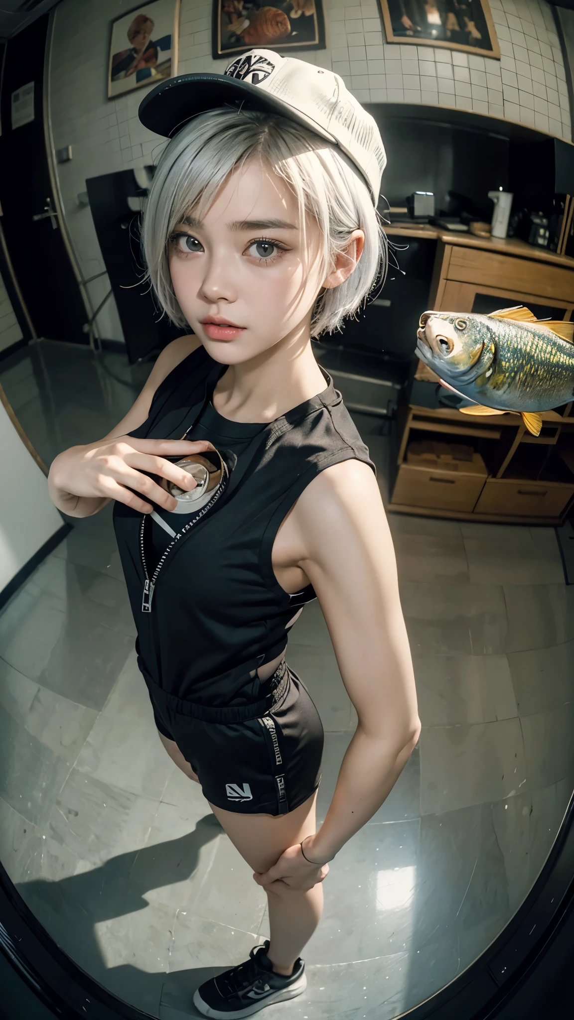 masterpiece, Highest quality, Very detailed, 8K, Realistic, One Girl, alone, ((Facial Up:1.3)),Tomboy, Very detailed face, (Selfie taken from above with a fisheye lens:1.5), Standing in front of a wall covered in hip hop graffiti, Pixie cut white hair, He is wearing a short tank top and an open-zipped hoodie...,I can see your chest,Nice ass,Wear a New Era cap,Look forward