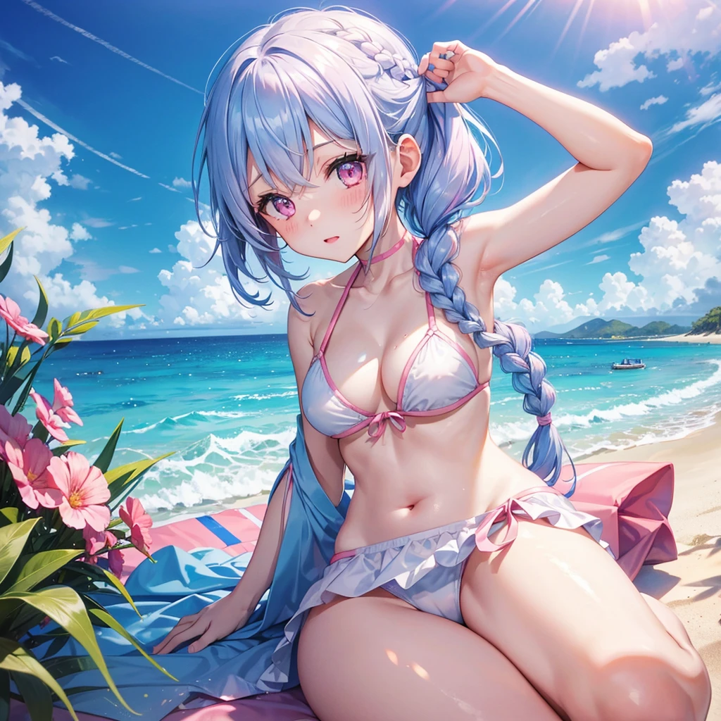 (Sky blue medium hair),(Braided hair tied together)、Pink eyes、Fair skin、(whole body)、(One Girl)、bikini、Shining white sand beach in midsummer、Okinawa&#39;s ocean、A happy smile、、(masterpiece、Highest quality、Very detailed、Best Shadow)、(Detailed Background)、(Beautifully detailed face)、High contrast、(Best lighting、Very delicate and beautiful)、((Cinematic Light))、colorful、Hyper Detail、Dramatic Light、Exquisite detail、Standing with your legs apart