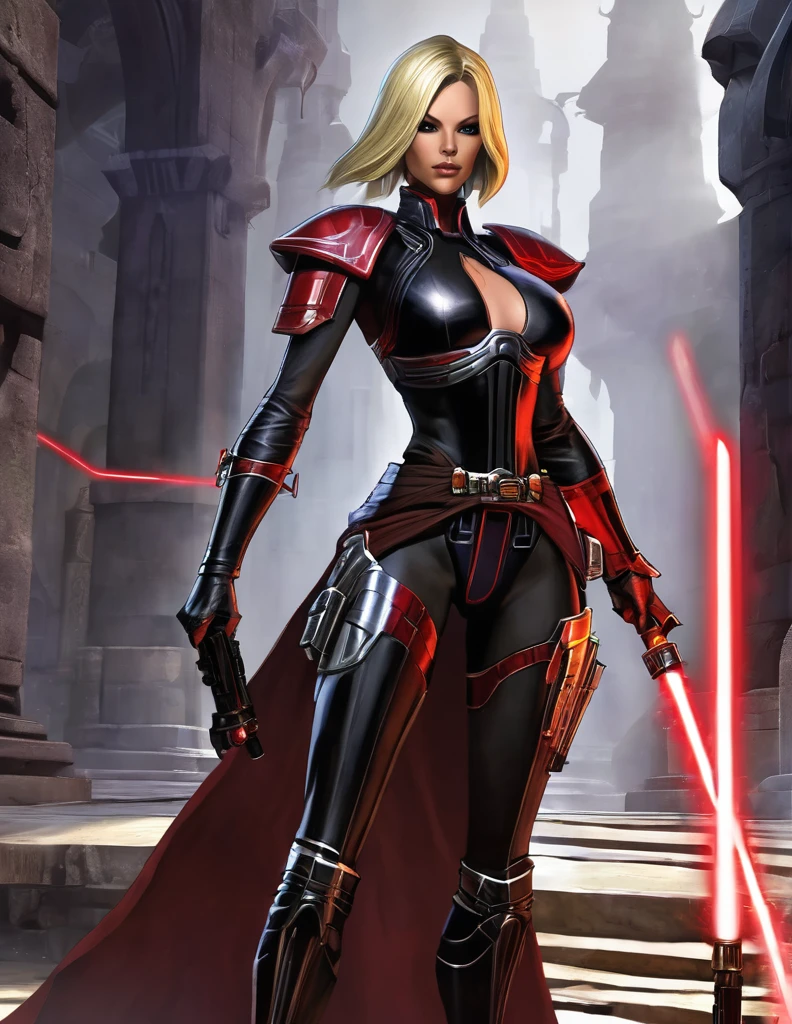 Une femme blonde seule, sensuelle, en seigneur sith, inspiré de star Wars old republic, en armure moulante noir, marche dans des ruines d'un temple sith de koriban sombre, sabre laser rouge en main, a un regard fort, un visage sadique et ensorcelante, démarche gracieuse, courbe parfaite pour le corps.