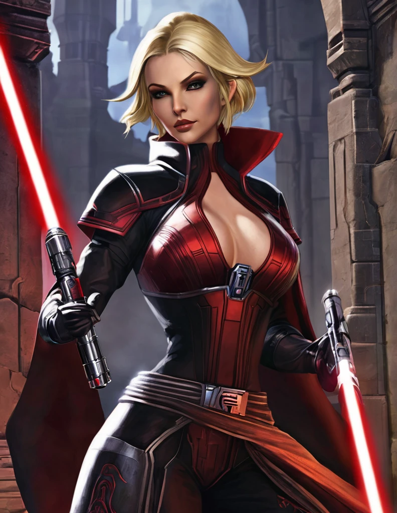 Une femme blonde seule, sensuelle, en seigneur sith, inspiré de star Wars old republic, en armure moulante noir, marche dans des ruines d'un temple sith de koriban sombre, sabre laser rouge en main, a un regard fort, un visage sadique et ensorcelante, démarche gracieuse, courbe parfaite pour le corps.