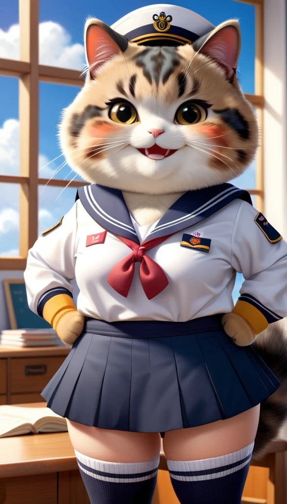 Realistic portrait of clothed animals - ((Chubby)) (Tortoiseshell cat) student,(Furry),(Graceful pose:1.5),(Hands on hips:1.5),(Smiling:1.5),High quality,(),(Adorable),Exquisite detail,Wearing Japanese sailor uniform,(),Highly detailed ((Female sailor uniform)),Highly detailed outfit,Knee socks,(Happy),Soft lighting,(Full body image:2.0),Classroom background,Clouds,Score 9,Score 8_up,Score 7_up,Score 6_up,Score 5_up,Score 4_up,