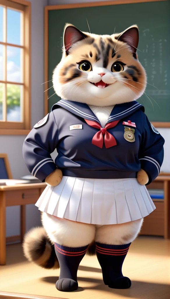 Realistic portrait of clothed animals - ((Chubby)) (Tortoiseshell cat) student,(Furry),(Graceful pose:1.5),(Hands on hips:1.5),(Smiling:1.5),High quality,(),(Adorable),Exquisite detail,Wearing Japanese sailor uniform,(),Highly detailed ((Female sailor uniform)),Highly detailed outfit,Knee socks,(Happy),Soft lighting,(Full body image:2.0),Classroom background,Clouds,Score 9,Score 8_up,Score 7_up,Score 6_up,Score 5_up,Score 4_up,