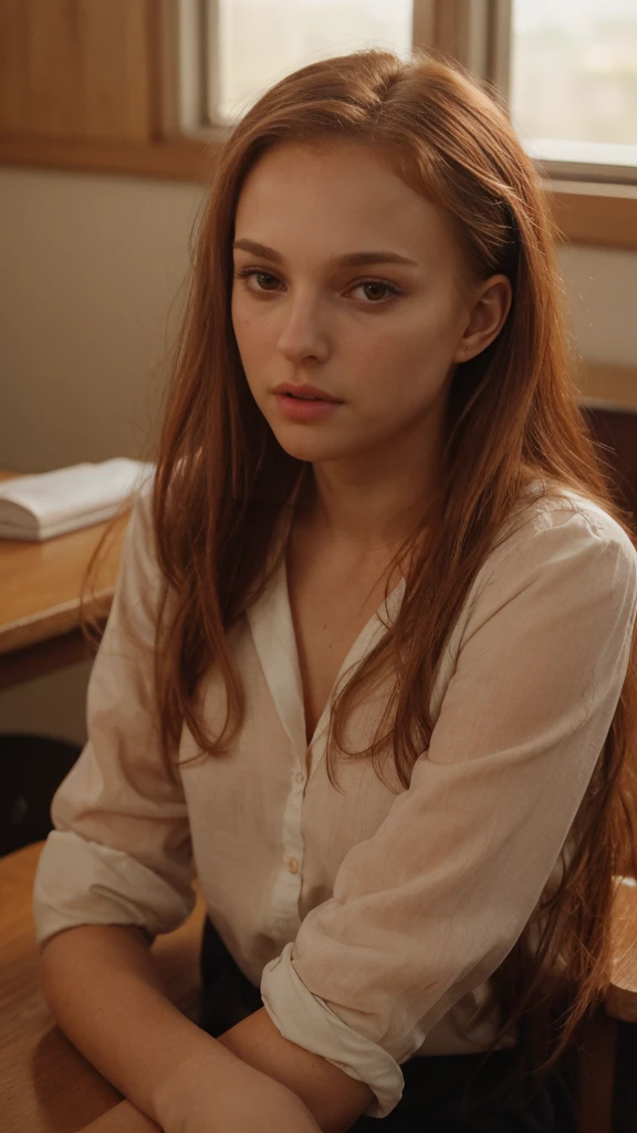 sitting at a table with red hair, Sexy photo of a very young sexy woman, 16 years old, with disheveled copper-red hair , a bit like Scarlett Johansson, juicy figure, big breasts, wonderful big eyes and full lips, at school , In the classroom context,  Attire, She is angry, Angry, he sits at the table