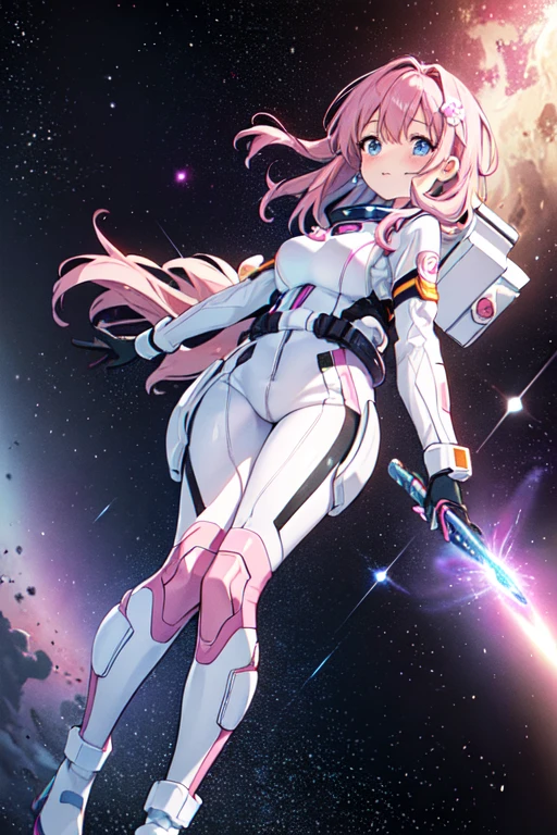 (masterpiece, best quality,Super detailed),(random angle,A cool and blushing female space explorer in her late twenties with short, wavy pink hair, bright blue eyes, and a bashful expression. She wears a form-fitting spacesuit with neon accents, a utility belt, and jet boots. She is floating in zero gravity in front of a breathtaking nebula, her cheeks slightly pink
