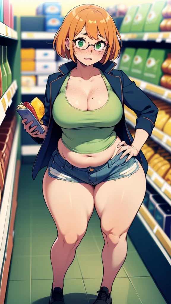 ((highres)), Masterpiece, high quality, best quality, beautiful, perfect lighting, detailed face, ultra cute face, cowboy shot, ((1girl)), ((solo)), looking at viewer, skindentation, ((blushing)), shocked, embarrassed, short orange hair, green eyes, glasses, freckles, jeans, tank top, jacket, tight clothes, full body, grocery store, standing in a grocery store, hand on hip, medium breasts, perky breasts, cleavage, ((wide hips)), ((thick thighs)), chubby,