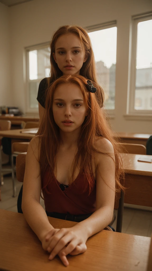 sitting at a table with red hair, Sexy photo of a very young sexy woman, , with disheveled copper-red hair , a bit like Scarlett Johansson, juicy figure, big breasts, wonderful big eyes and full lips, at school , In the classroom context, Attire, She is angry, Angry, sits at the table