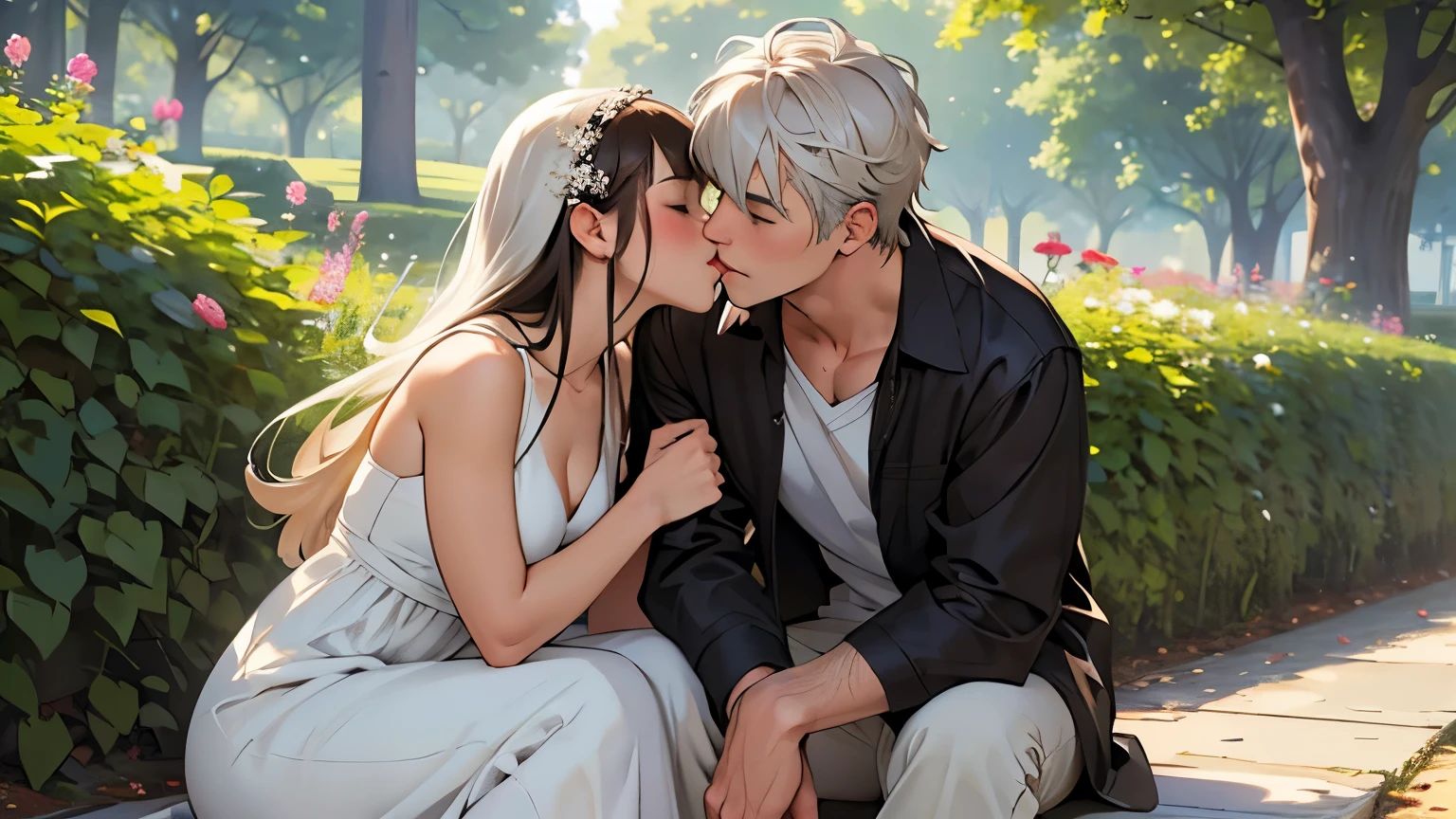 ((best quality)), ((work of art)), ((detailed)), man with white hair, casual clothes, kissing a woman with brown hair and bangs, wearing a white dress, in a flowered park
